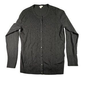 Merona Sweater Womens Large Black Cardigan Beaded Button Up Knit Lightweight Top